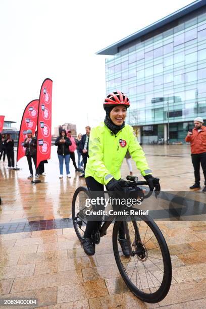 Singer and Radio DJ, Mollie King during the fourth day of her challenge, seen here setting off from Media City in Manchester being followed by Greg...