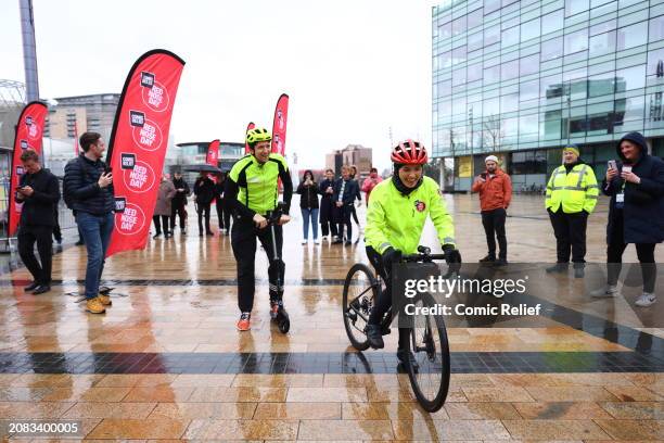 Singer and Radio DJ, Mollie King during the fourth day of her challenge, seen here setting off from Media City in Manchester being followed by Greg...