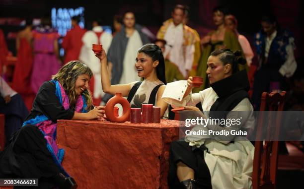 Konkona Sen Sharma and Neha Dhupia walk the runway for designer Sohaya Misra creation at Lakme Fashion Week 2024 on March 14, 2024 in Mumbai, India.