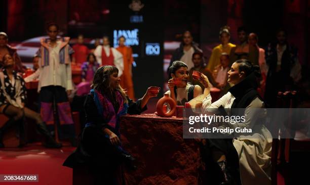 Konkona Sen Sharma and Neha Dhupia walk the runway for designer Sohaya Misra creation at Lakme Fashion Week 2024 on March 14, 2024 in Mumbai, India.