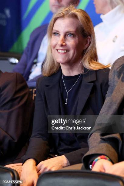 Sophie, Duchess of Edinburgh smiles as she attends the All England Open Badminton Championships with Prince Edward, Duke of Edinburgh on March 14,...