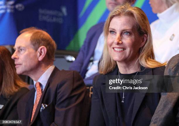 Sophie, Duchess of Edinburgh smiles as she attends the All England Open Badminton Championships with Prince Edward, Duke of Edinburgh on March 14,...