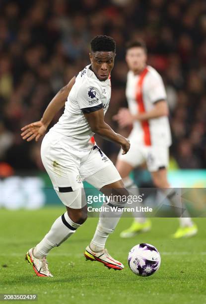 Chiedozie Ogbene of Luton Town controls the ball during the Premier League match between AFC Bournemouth and Luton Town at Vitality Stadium on March...