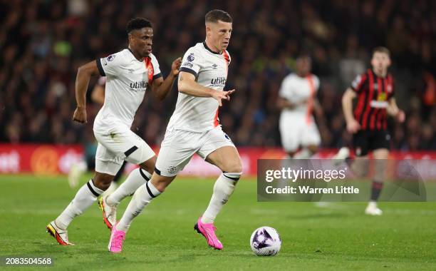 Ross Barkley of Luton Town runs with the ball during the Premier League match between AFC Bournemouth and Luton Town at Vitality Stadium on March 13,...