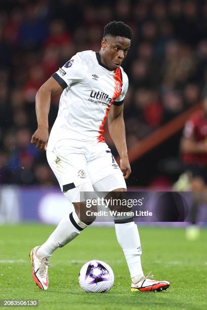 Chiedozie Ogbene of Luton Town controls the ball during the Premier League match between AFC Bournemouth and Luton Town at Vitality Stadium on March...