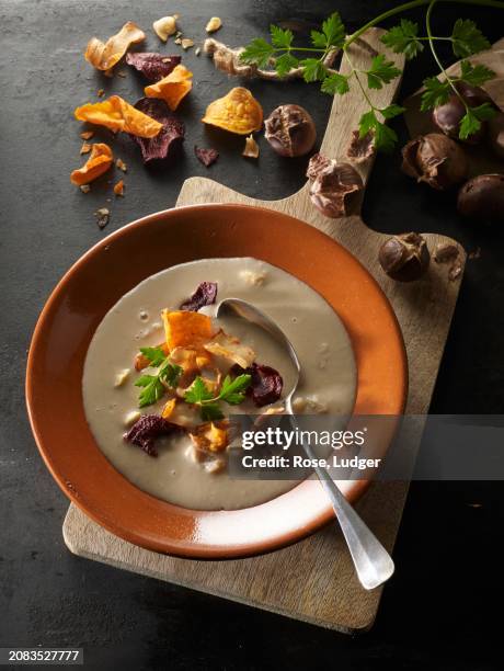 cream of chestnut soup with vegetables chips and parsley - cream soup stock pictures, royalty-free photos & images