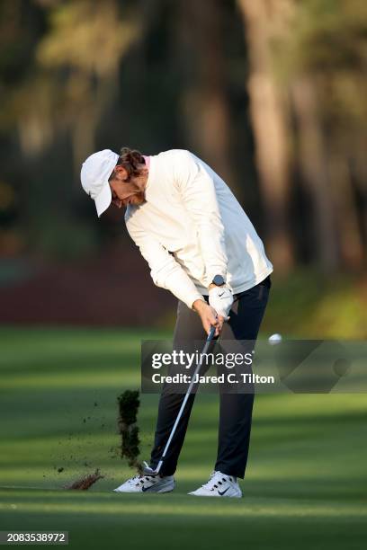 Tommy Fleetwood of England plays his shot on the 10th hole during the first round of THE PLAYERS Championship on the Stadium Course at TPC Sawgrass...