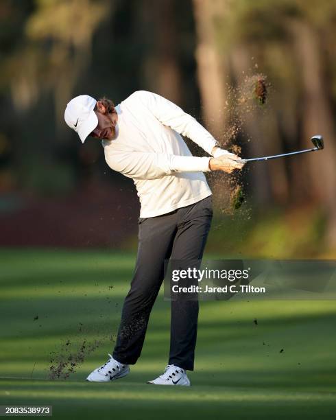 Tommy Fleetwood of England plays his shot on the 10th hole during the first round of THE PLAYERS Championship on the Stadium Course at TPC Sawgrass...