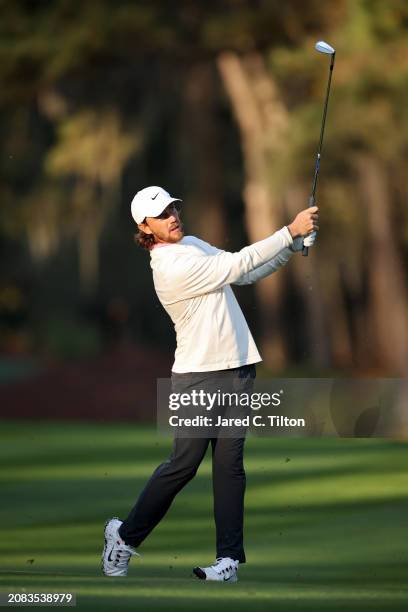 Tommy Fleetwood of England plays his shot on the 10th hole during the first round of THE PLAYERS Championship on the Stadium Course at TPC Sawgrass...