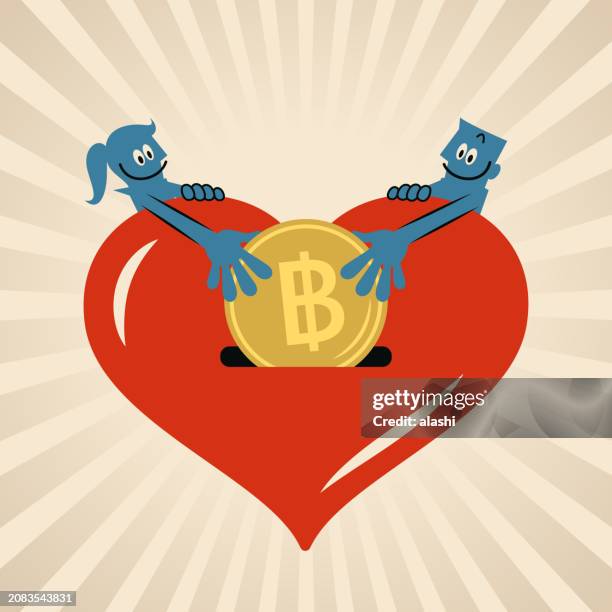 a woman and a man are putting money into a big love heart happily - man holding donation box stock illustrations