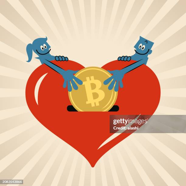 a woman and a man are putting money into a big love heart happily - man holding donation box stock illustrations