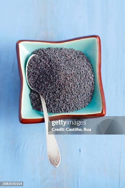 a bowl of poppy seeds with a spoon - poppy outline stock pictures, royalty-free photos & images