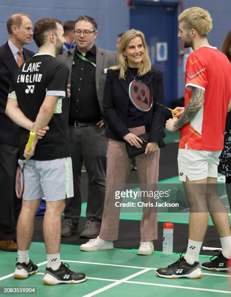 Sophie, Duchess of Edinburgh smiles as she speaks to players during her visit to the All England Open Badminton Championships with Prince Edward,...