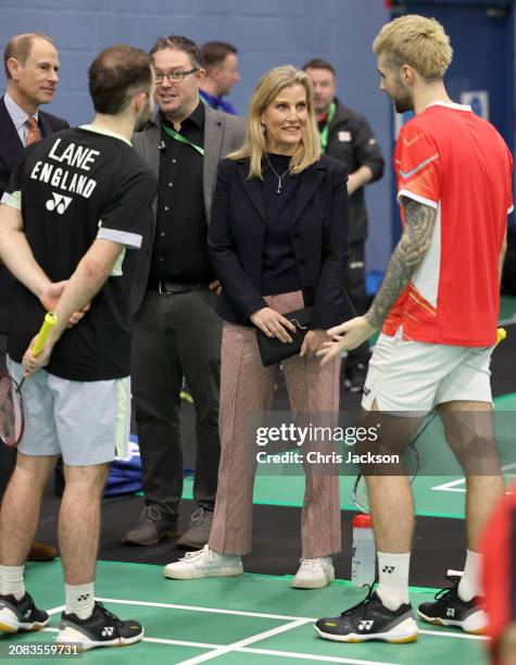 Sophie, Duchess of Edinburgh smiles as she speaks to players during her visit to the All England Open Badminton Championships with Prince Edward,...