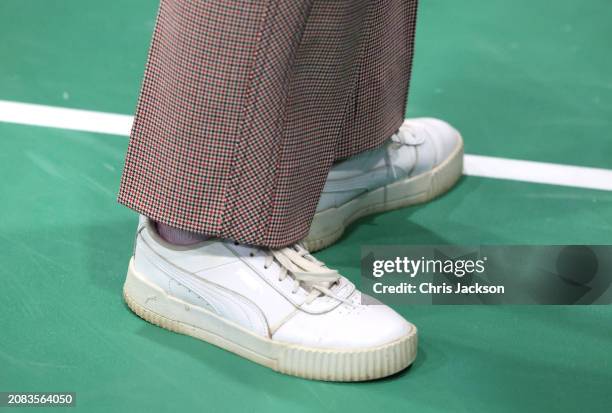 Sophie, Duchess of Edinburgh, trainer detail, attends the All England Open Badminton Championships with Prince Edward, Duke of Edinburgh on March 14,...