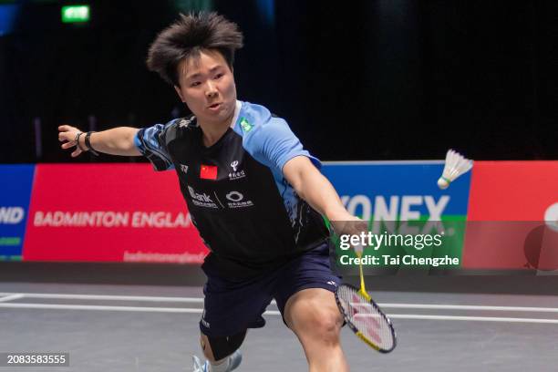 He Bingjiao of China competes in the Women's Singles Round of 16 match against Michelle Li Man-shan of Canada on day three of the Yonex All England...