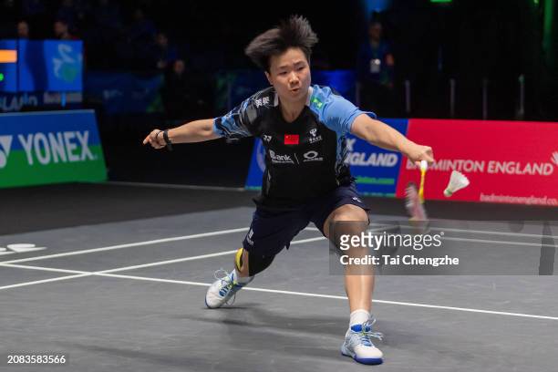 He Bingjiao of China competes in the Women's Singles Round of 16 match against Michelle Li Man-shan of Canada on day three of the Yonex All England...
