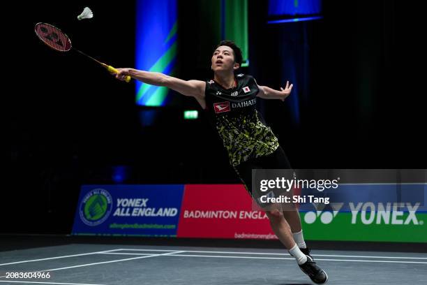 Koki Watanabe of Japan competes in the Men's Singles Second Round match against Toma Junior Popov of France during day three of the Yonex All England...