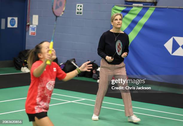 Sophie, Duchess of Edinburgh with Para badminton player Rachel Choong as they take part in a badminton match during her visit to the All England Open...