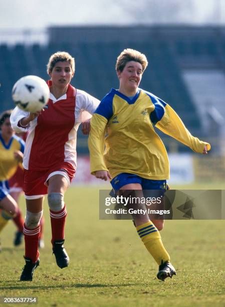 Alaya Liran of Wembley challenges Karen Walker of Doncaster Belles during the 1996 Women's League Cup Final on March 9th, 1996 in Barnet, England.