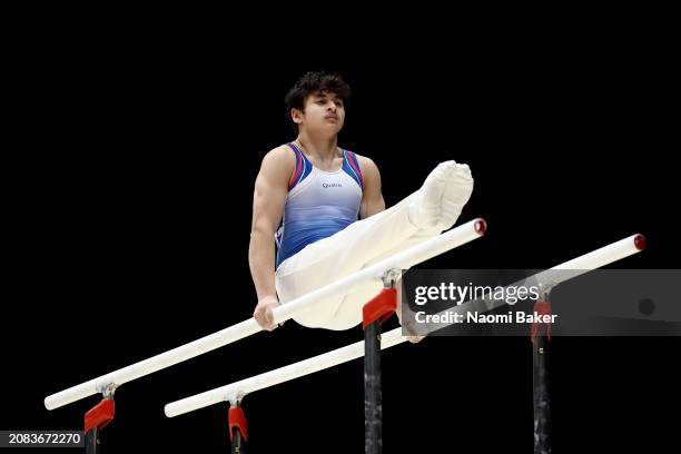 Syrus Akhtar of Portsmouth Gymnastics competes on the parallel bars in the Men's Disability Masters during Day One of the 2024 Gymnastics British...