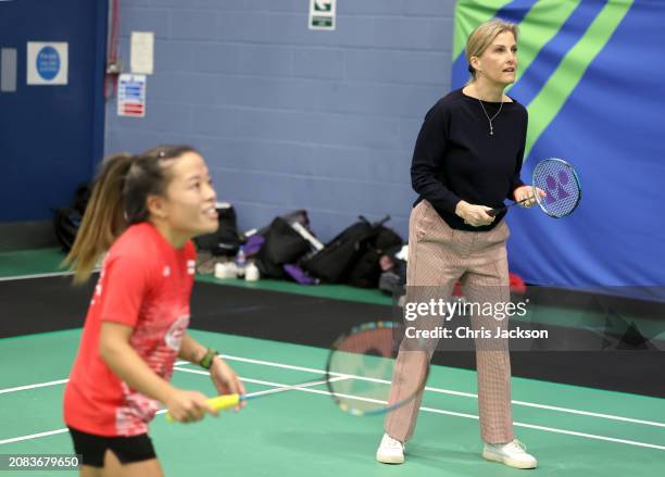 Sophie, Duchess of Edinburgh with Para badminton player Rachel Choong as they take part in a badminton match during her visit to the All England Open...