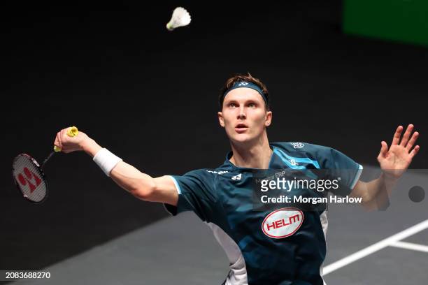 Viktor Axelsen of Denmark in action against Weng Hongyang of China in the Men's Singles on Day Three of the Yonex All England Open Badminton...