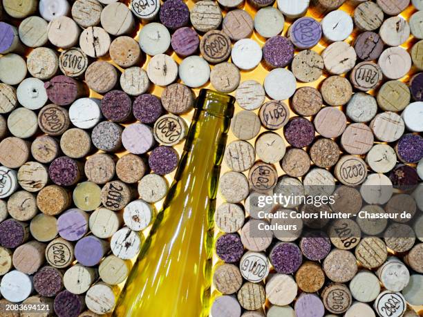 close up to the neck of an empty and backlit bottle of wine, surrounded by corks in paris, france.
several corks have been patinated with red wine, others are marked by a vintage year.
artificial light and natural colors. - weinkorken stock-fotos und bilder