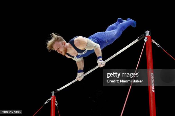 Blake Gidley of Lincoln Gymnastics Club competes on the horizontal bar in the Men's Disability Masters during Day One of the 2024 Gymnastics British...