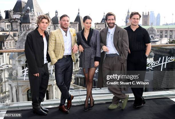 Lukas Gage, Conor McGregor, Daniela Melchior, Jake Gyllenhaal and Billy Magnussen attend the "Road House" photocall at The Corinthia on March 14,...