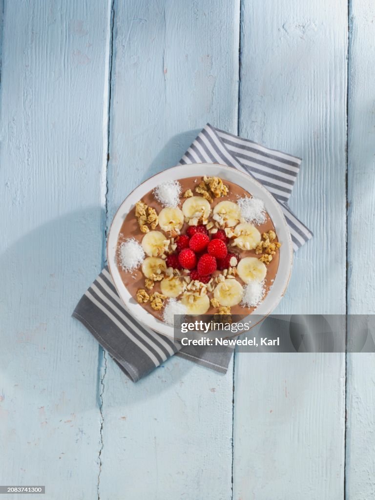 A chocolate, nut and banana smoothie bowl