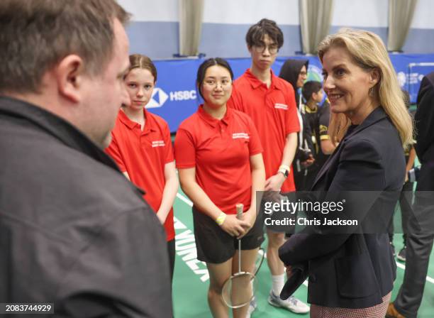 Sophie, Duchess of Edinburgh speaks with local schoolchildren, who are funded by the Yonex All England Legacy Project, during his visit to the All...