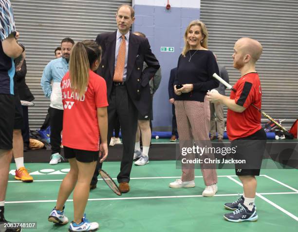 Prince Edward, Duke of Edinburgh and Sophie, Duchess of Edinburgh speak with Para badminton players Rachel Choong and Krysten Coombs during their...
