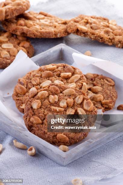 healthy oat biscuits with peanuts - flapjack stock pictures, royalty-free photos & images