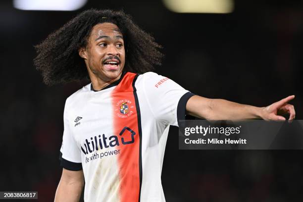 Tahith Chong of Luton Town gestures during the Premier League match between AFC Bournemouth and Luton Town at Vitality Stadium on March 13, 2024 in...