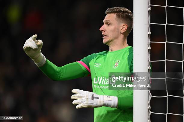 Thomas Kaminski of Luton Town gestures the Premier League match between AFC Bournemouth and Luton Town at Vitality Stadium on March 13, 2024 in...