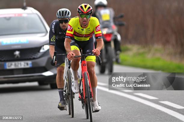 Ceriel Desal of Belgium and Team Bingoal WB and Jannik Steimle of Germany and Q36.5 Pro Cycling Team compete in the breakaway during the 65th Grand...