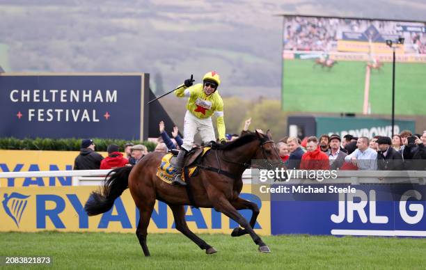 Harry Skelton celebrates on board Protektorat after winning the Ryanair Chase during day three of the Cheltenham Festival 2024 at Cheltenham...