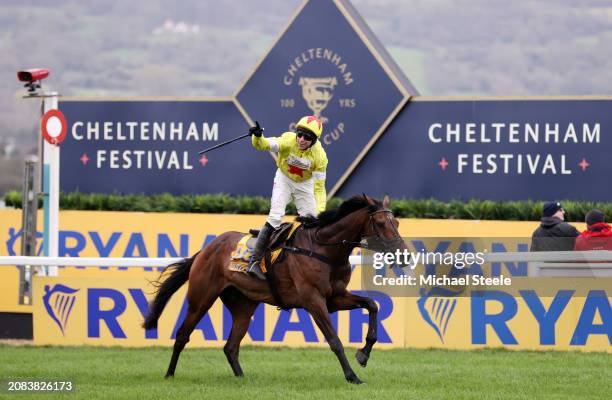 Harry Skelton celebrates on board Protektorat after winning the Ryanair Chase during day three of the Cheltenham Festival 2024 at Cheltenham...