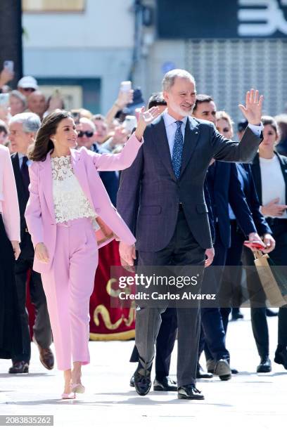 King Felipe VI of Spain and Queen Letizia of Spain visit the Gandia town hall after attending the delivery of "Investigation National Awards" 2023 at...