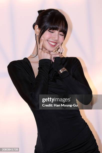 Lisa aka Lalisa Manoban of girl group BLACKPINK is seen at the BULGARI Studio opening party at Walkerhill Hotel on March 14, 2024 in Seoul, South...