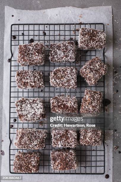 australian lamingtons on a baking tray - lamington cake stock pictures, royalty-free photos & images