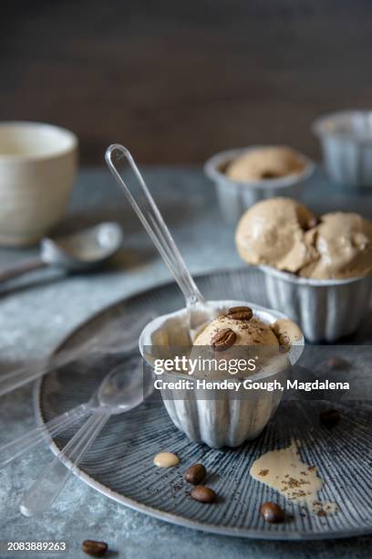 coffee ice cream with coffee beans in metal cups - mocha ice cream stock pictures, royalty-free photos & images