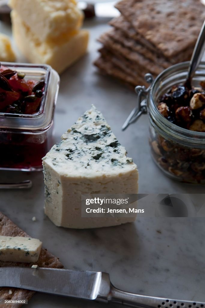 Blue cheese, crackers, nuts and chutney
