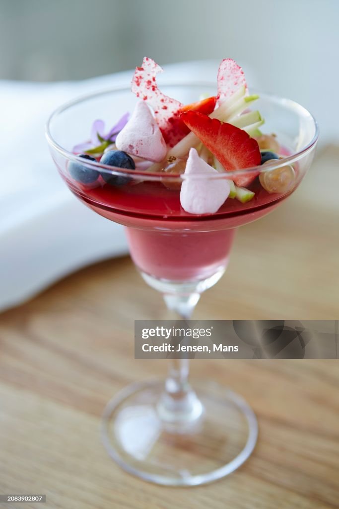 Strawberry pannacotta with summer berrys and meringues