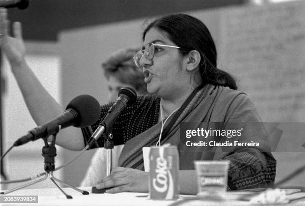 Indian environmentalist Vandana Shiva gestures as speaks during a panel discussion at the United Nations Conference on Environment and Development ,...