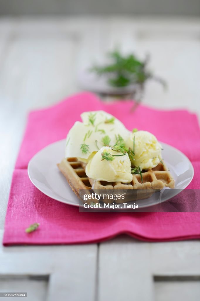 Waffles with herb ice cream