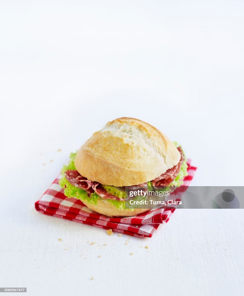 A salami roll with pickled gherkins