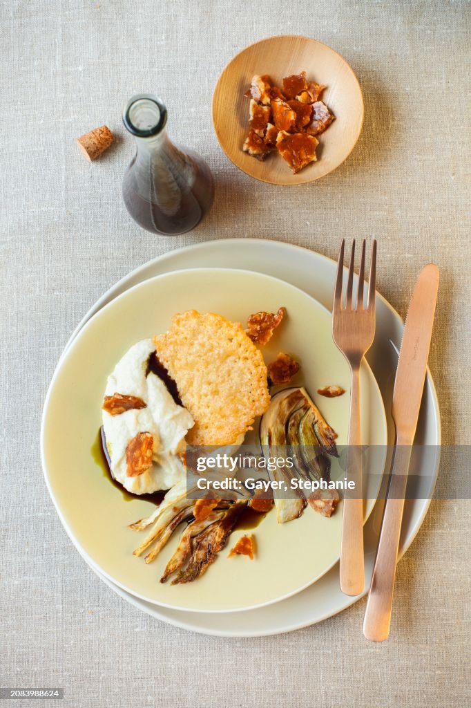 Apple and celery mousse with fennel, walnuts and parmesan crisp
