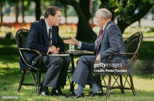 News reporter Peter Jennings interviews Soviet President Mikhail Gorbachev in the grounds of the Kremlin, Moscow, July 29th 1991.